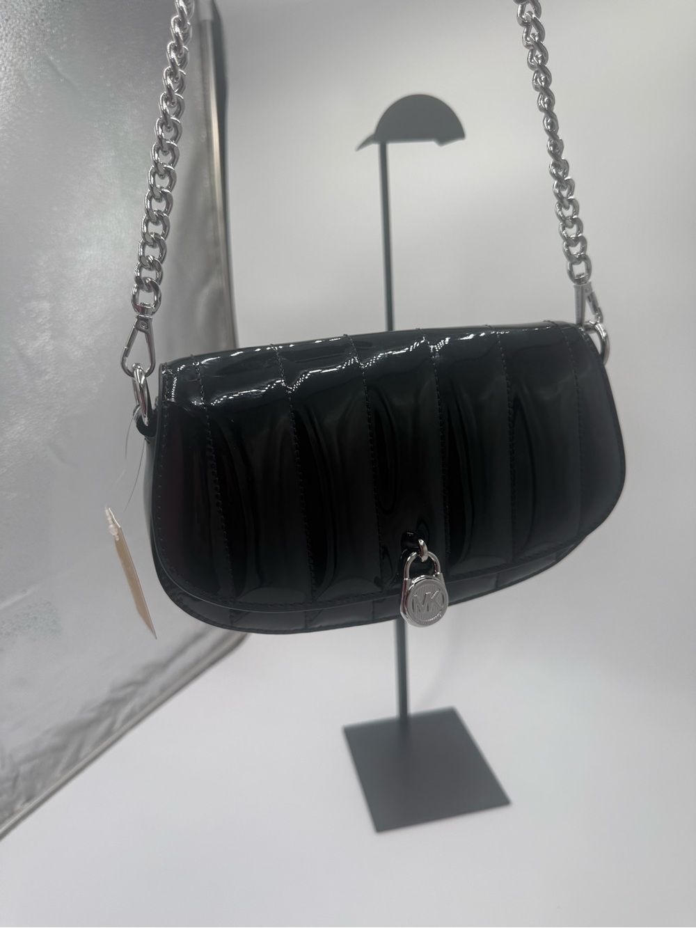 Michael Kors Black Patent Quilted Crossbody Bag with Silver Chain NWT - Picture 15 of 15